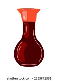 Soy sauce in glass bottle. Traditional asian salty sauce for sushi in cartoon style.Vector illustration isolated on white background.