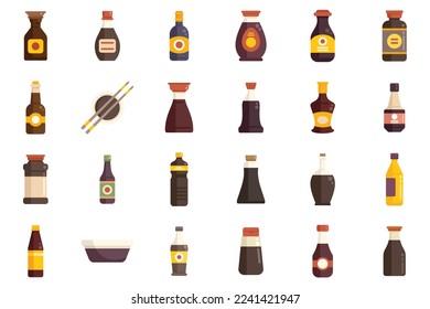 Soy sauce icons set flat vector. Sashimi fried. Tempura shrimp isolated