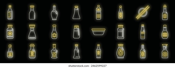 Soy sauce icons set outline vector. Sashimi fried. Tempura shrimp neon color on black