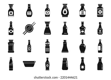 Soy sauce icons set simple vector. Sashimi fried. Tempura shrimp