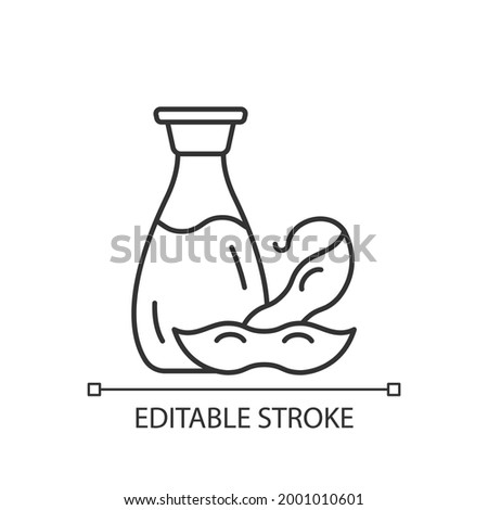 Soy sauce linear icon. Salty ingredient added to meals. Vegeterian foods types. Thin line customizable illustration. Contour symbol. Vector isolated outline drawing. Editable stroke