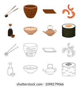 Soy sauce, noodles, kettle.rolls.Sushi set collection icons in cartoon,outline style vector symbol stock illustration web.