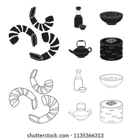 Soy sauce, noodles, kettle.rolls.Sushi set collection icons in black,outline style vector symbol stock illustration web.