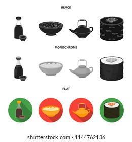 Soy sauce, noodles, kettle.rolls.Sushi set collection icons in black, flat, monochrome style vector symbol stock illustration web.