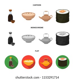 Soy sauce, noodles, kettle.rolls.Sushi set collection icons in cartoon,flat,monochrome style vector symbol stock illustration web.