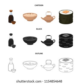 Soy sauce, noodles, kettle.rolls.Sushi set collection icons in cartoon,black,outline style vector symbol stock illustration web.