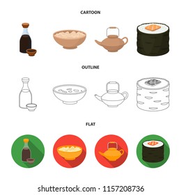 Soy sauce, noodles, kettle.rolls.Sushi set collection icons in cartoon,outline,flat style vector symbol stock illustration web.