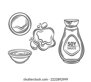 Iconos del contorno de la salsa de soja establecen ilustración vectorial. Botella de vidrio de dibujo manual de la salsa de soja china y japonesa para comida, charco y salpicadura, taza con condimento y condimento en la parte superior y lateral