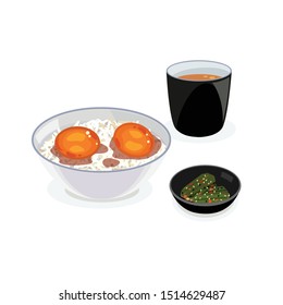 Soy sauce pickled eggs and rice with hot tea.