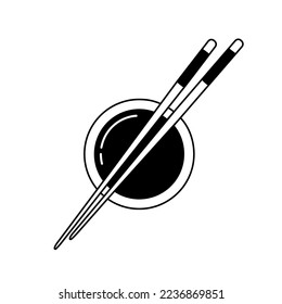 Soy sauce in plate with chopsticks icon. Line vector illustration isolated on white.