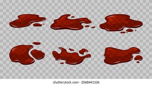 Soy sauce is poured on a transparent isolated background. Brown puddle liquid. Vector cartoon illustration.