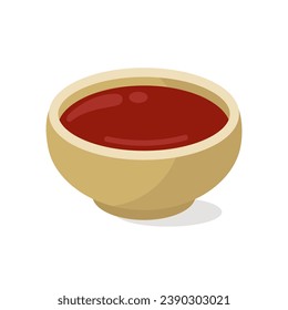 Soy sauce in a saucer, vector icon. Salty fermented seasoning in a wooden bowl. Delicious Japanese condiment for sushi, rolls. Illustration isolated on white. Flat cartoon clipart for posters, print