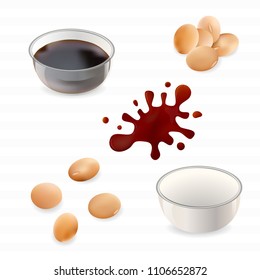 Soy sauce, soybean and puddle of soy sauce. Vector realistic 3d