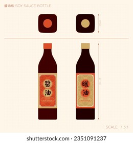 Soy Sauce Technical Drawing. Translations: (Title) Soy Sauce Bottle, (Left Label) Light Soy Sauce, (Right Label) Dark Soy Sauce