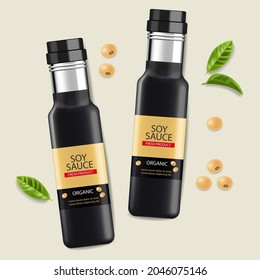 Soy sauce vector realistic bottles. Product placement label design 3d element