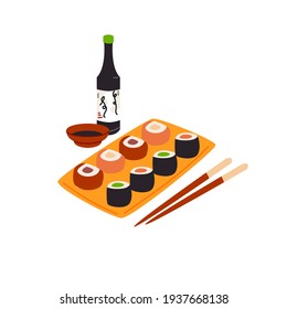 Soy sauce, wasabi, ginger with chopsticks in cartoon style. Sushi set on bamboo board isolated vector illustration. Traditional Japan food, fresh fish and rice design element. 