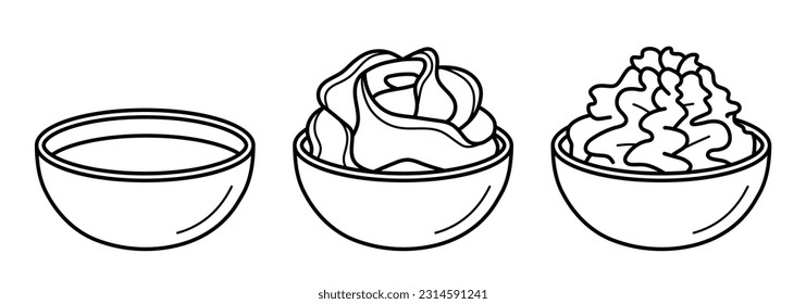 Soy sauce, wasabi and pickled ginger in a bowls. Set of japanese sushi condiment. Collection of hand drawn icons in doodle sketch style. Vector illustration isolated on white background.