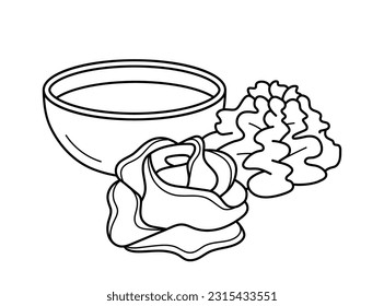 Soy sauce, wasabi and pickled ginger in a bowls. Set of japanese seasoning for sushi. Composition in doodle line style. Vector illustration isolated on white background.