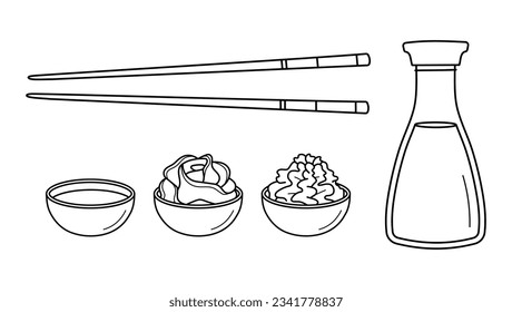 Soy sauce, wasabi, pickled ginger and chopsticks. Asian set in hand drawn doodle style. Vector illustration.