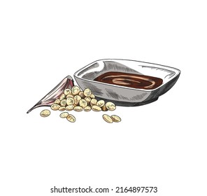 Salsa de soja en tazón de cerámica blanca con semillas de soja. Salsa salada asiática tradicional para sushi, ilustración vectorial de grabado de color aislada en fondo blanco.