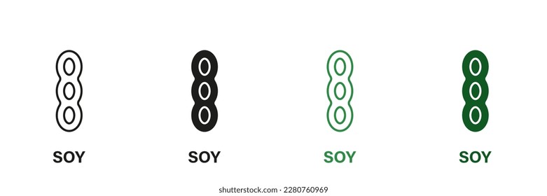 Soy Sign. Organic Healthy Nutrition Emblem. Soybean Edamame Forbidden Symbol. Legume Soya Allergy Food Ban Logo. Soya Free Silhouette and Line Color Icon Set. Isolated Vector Illustration.