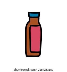 Soy souce hand drawn vector icon illustration bottle in cartoon doodle style brown red blue