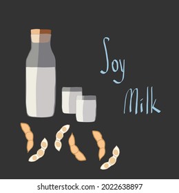 Soy Vegetable milk sketch. Milk in a bottle, in a glass. Ears of corn and Soy. Morning drink. Healthy lifestyle. Healthy plant-based dairy drink, diet product. Vector illustration