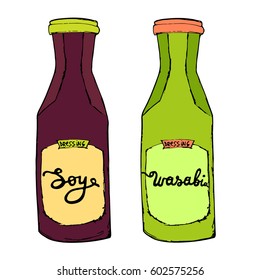 Soy and Wasabi bottles. Sauces set for sushi sea food. Hand drawn condiments. Artistic vector illustration. Clip art