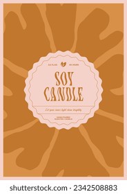 Soy wax candle vector label design template with groovy flowers background