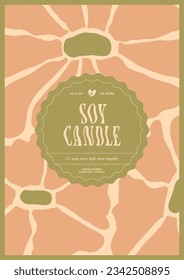 Soy wax candle vector label design template with groovy flowers background