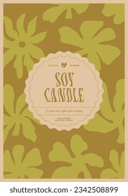 Soy wax candle vector label design template with groovy flowers background