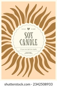 Soy wax candle vector label design template with groovy flowers background