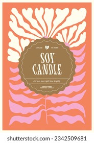 Soy wax candle vector label design template with groovy flowers background