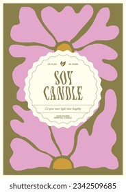 Plantilla de diseño de etiqueta vectorial de velas de cera de soja con fondo de flores de grooveja