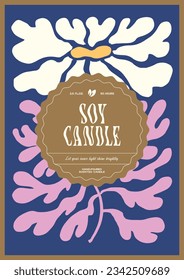 Soy wax candle vector label design template with groovy flowers background