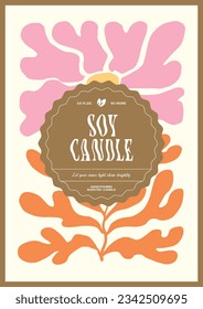 Soy wax candle vector label design template with groovy flowers background