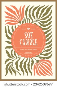 Soy wax candle vector label design template with groovy flowers background