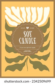 Soy wax candle vector label design template with groovy flowers background