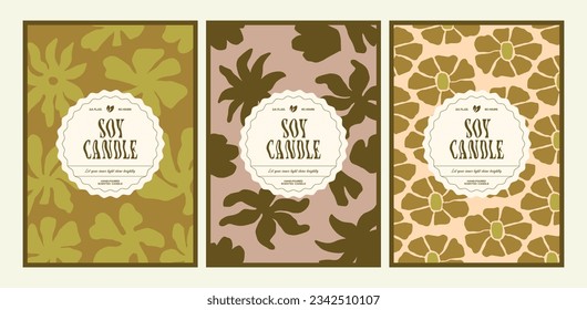 Plantilla de diseño de etiqueta vectorial de velas de cera de soja con fondo de flores de grooveja