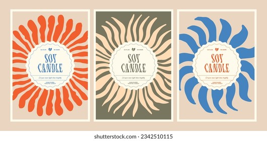 Soy wax candle vector label design template set with groovy flowers background