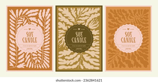 Soy wax candle vector label design template with groovy flowers background