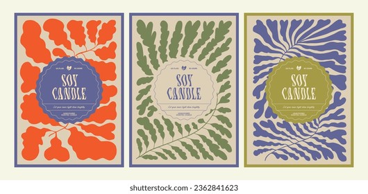 Soy wax candle vector label design template with groovy flowers background