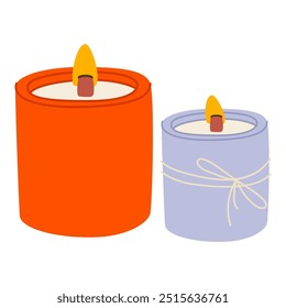 Velas de cera de soja en tarros de cerámica. Decoración interior aromática moderna. Acogedoras velas decorativas. Decoración casera romántica con luz brillante. Ilustración vectorial plana aislada sobre fondo blanco