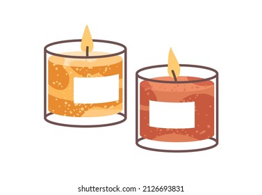 Soy wax candles in glass jars. Modern aromatic interior decoration. Cosy decorative burning candlelights. Romantic home decor with glowing light. Flat vector illustration isolated on white background