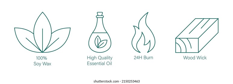 soy wax, high-quality essential oil, 24hour burn, wood wick, candles icon set vector illustration