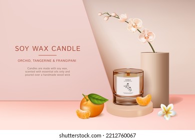 Soy Wax Scented Candle with Orchid, Tangerine and Frangipani Ads Banner Concept Poster Card. Vector illustration