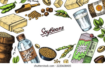 Soya beans. Milk and tofu. Soybean sketch. Pod on plant. Nuts and seeds in sack. Detailed vegetarian food and leaves drawing. hand drawn illustration for menu, label, icon or poster.