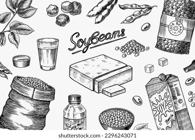 Soya beans. Milk and tofu. Soybean sketch. Pod on plant. Nuts and seeds in sack. Detailed vegetarian food and leaves drawing. hand drawn illustration for menu, label, icon or poster.