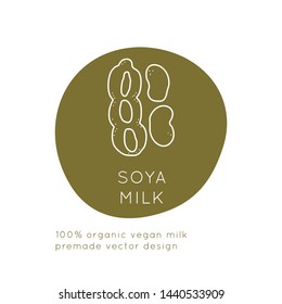 Soya beans Vegan Milk packaging Vector logo design template with plant icon in linear style. Abstract emblem for organic shop, healthy food store or vegetarian cafe.
