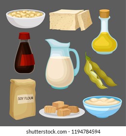 Soya food products set, milk, oil, sauce, tofu, bean, flour, healthy diet, organic vegetarian food vector Illustration